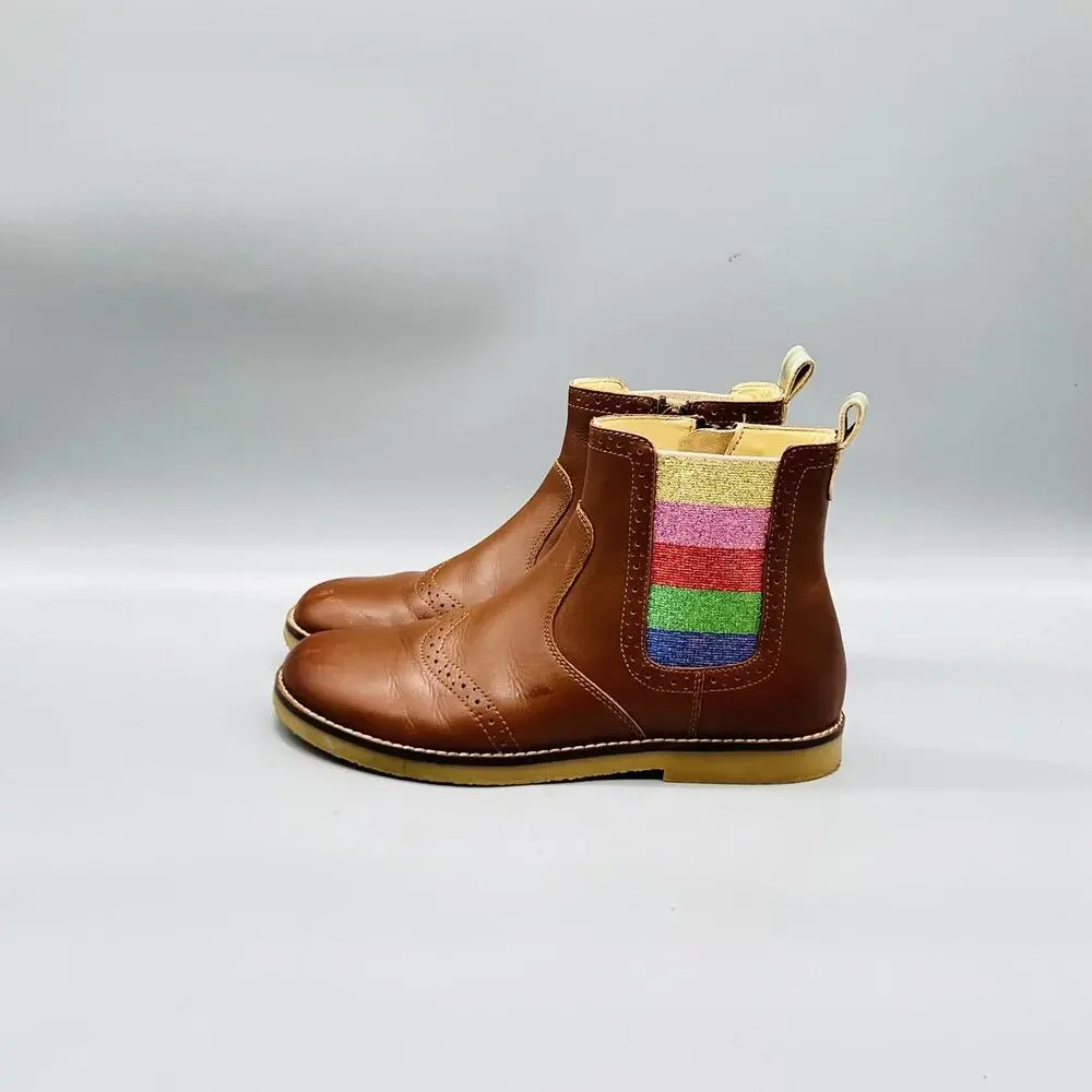 Mini Boden Boots Girls 1.5 Brown Leather Chelsea Ankle Glitter Stripe Zip Brogue